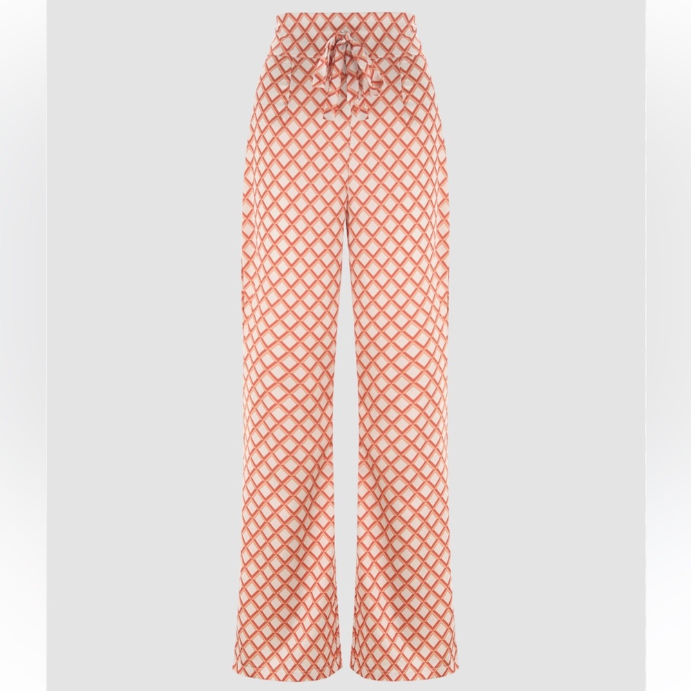 Cider High Waisted Wide Leg Checkered Satin Trousers Orange White Retro NWT-M